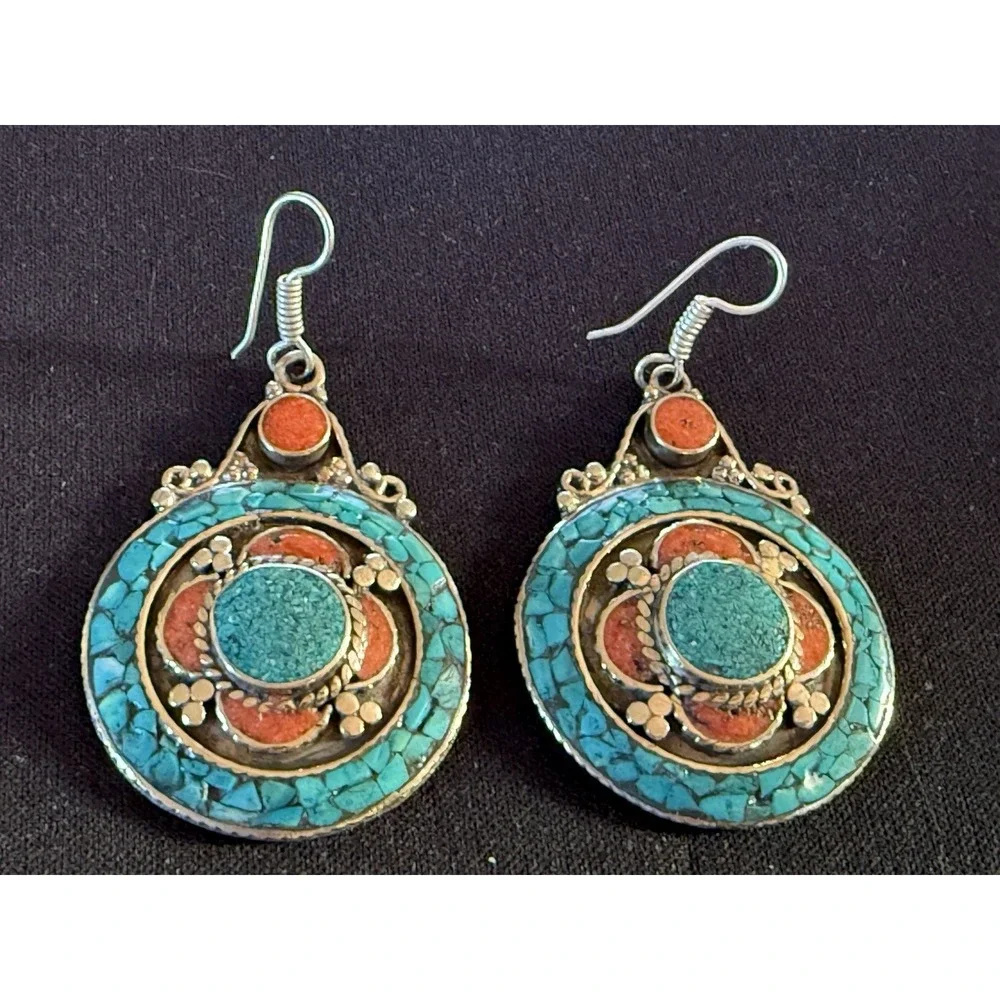 925 Silver Tribal Turquoise And Coral Earrings‎ Handcrafted with History